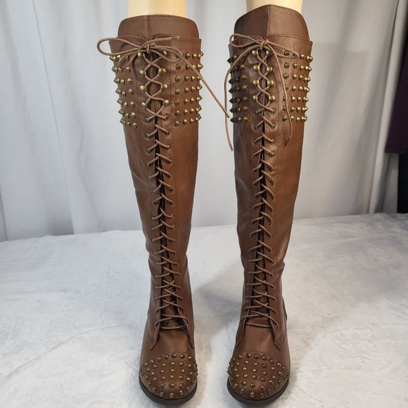 Pink Dutchess Chunky Heel Lace-Up Over The Knee Riding Boots With Studds - Picture 4 of 9